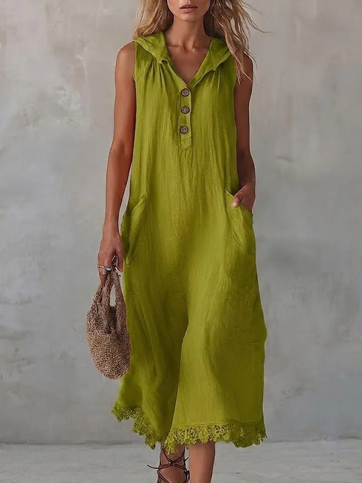 Casual Patchwork Lace-trimmed Linen And Cotton Hooded Dress