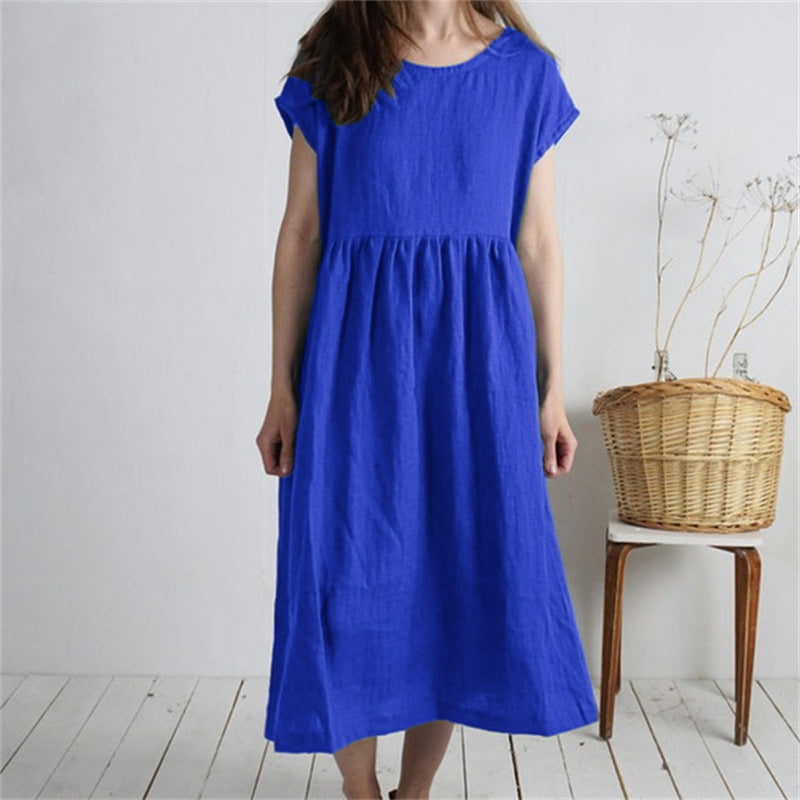 Solid-color Pleated Loose-fit Casual Cotton-linen Dress For Women