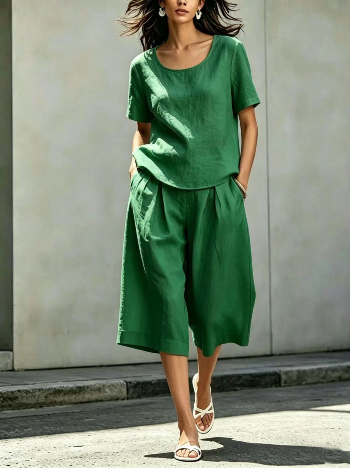 Cotton-linen Casual Loose-fitting Short-sleeve Top And Shorts Set