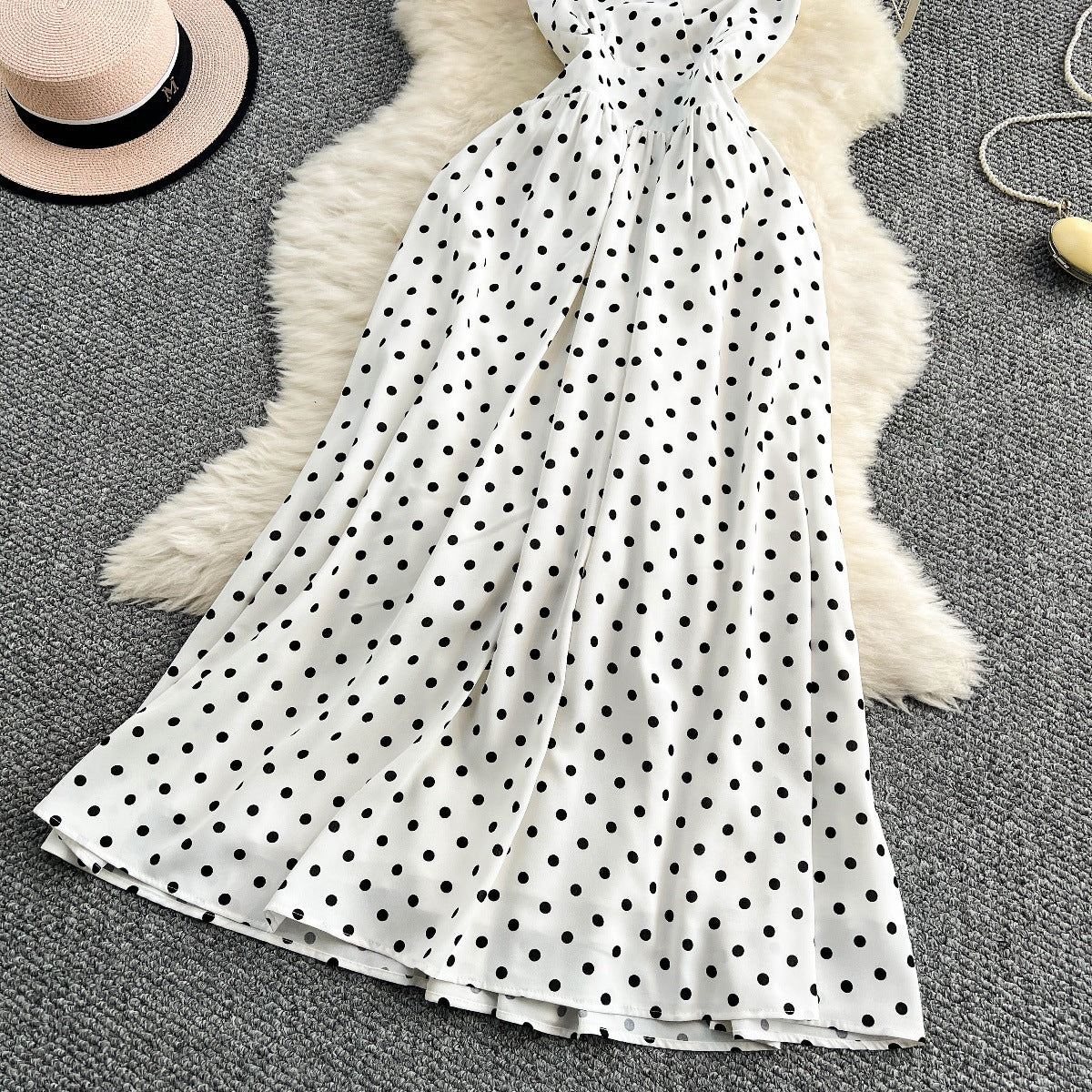Womens French-style Polka-dot Halter-neck Dress