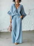 Loose-fit Cotton-linen V-neck Wide-leg Pants Two-piece Set