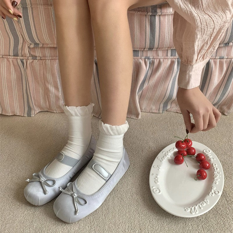Coquette Ruffle Cuff Crew Socks, Sheer Bow Embellished Mid-Calf Socks, Women's Sweet Balletcore Socks In Pastel & Neutral Tones