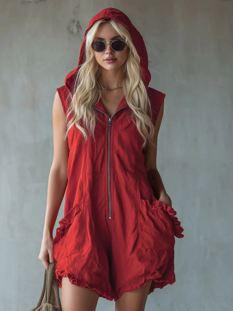 Retro-style Hooded Zip-up Sleeveless Cropped Cotton-linen Jumpsuit