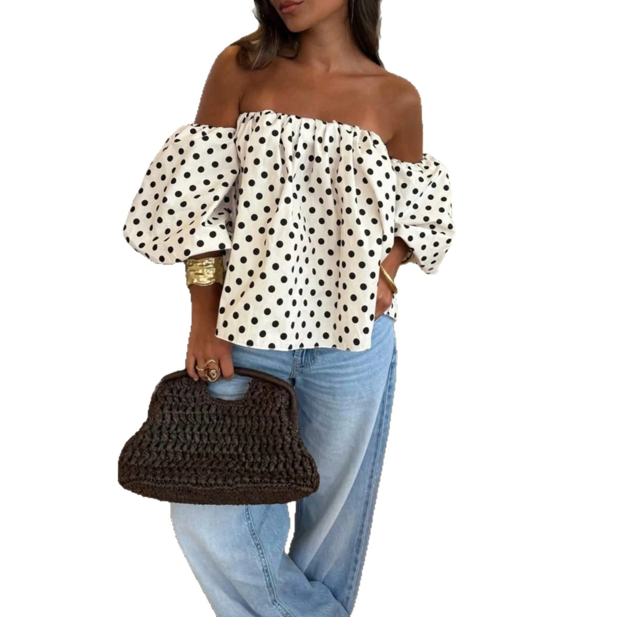 Off-shoulder Lantern-sleeve Short Top For Women