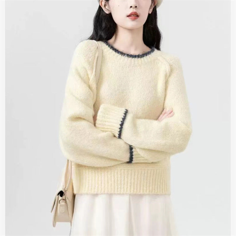 Women's Round Neck Color Block Pullover Knit Sweater