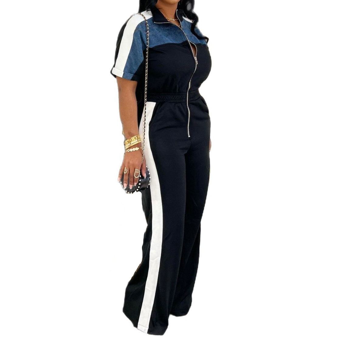 Short Sleeved Long Zipper Women's Jumpsuit