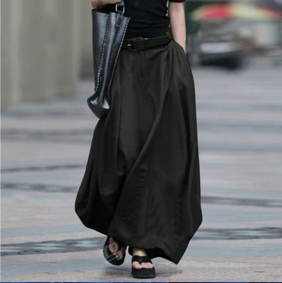 Womens Solid-color High-waisted Long Skirt