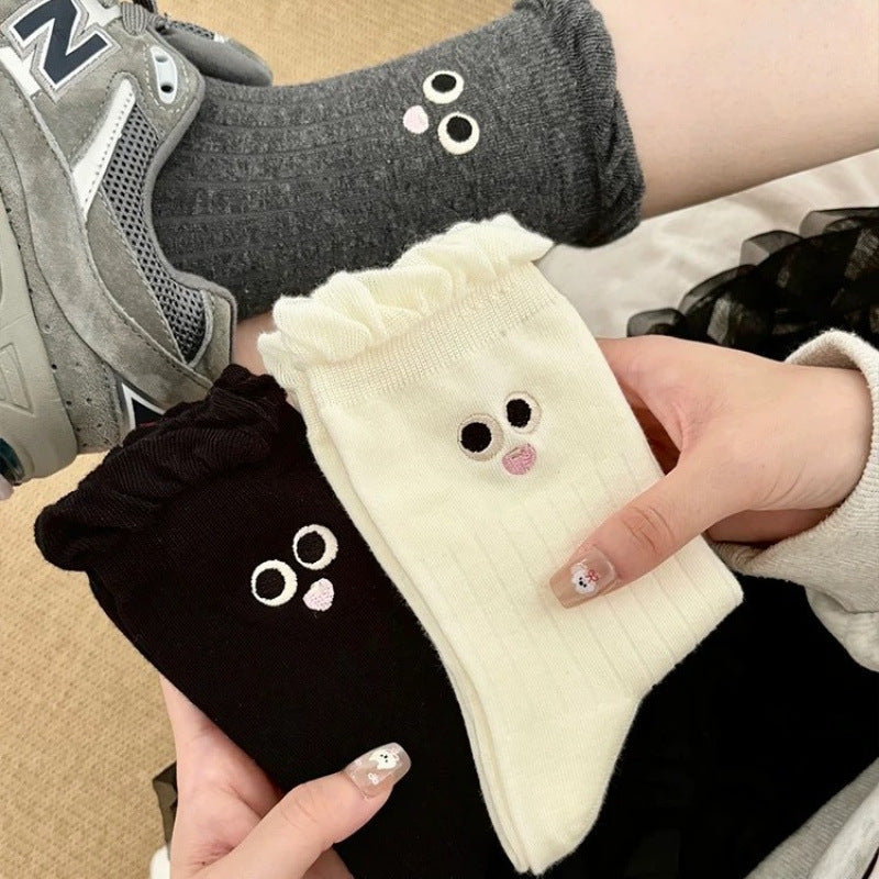 Kawaii Big Eye Embroidered Ribbed Crew Socks, Cute Cartoon Face Ruffle Cuff Socks In Black, White & Grey, Women's Sweet Casual Socks For Everyday & Sneakers