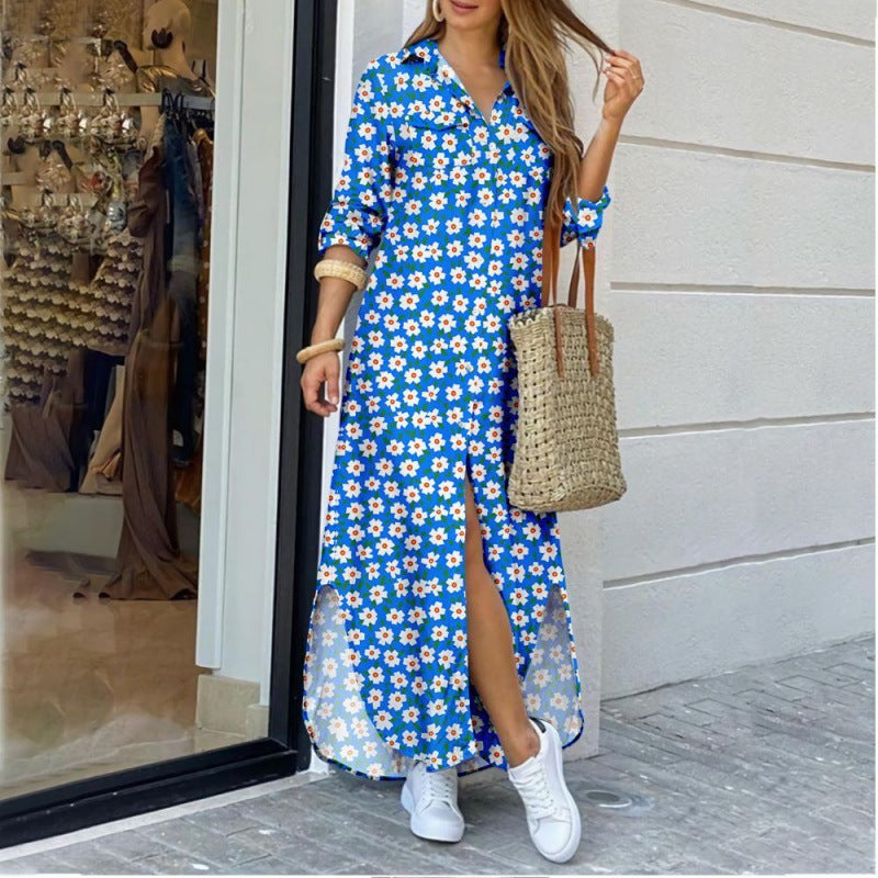 Lapel-collar Long Shirt Dress For Women