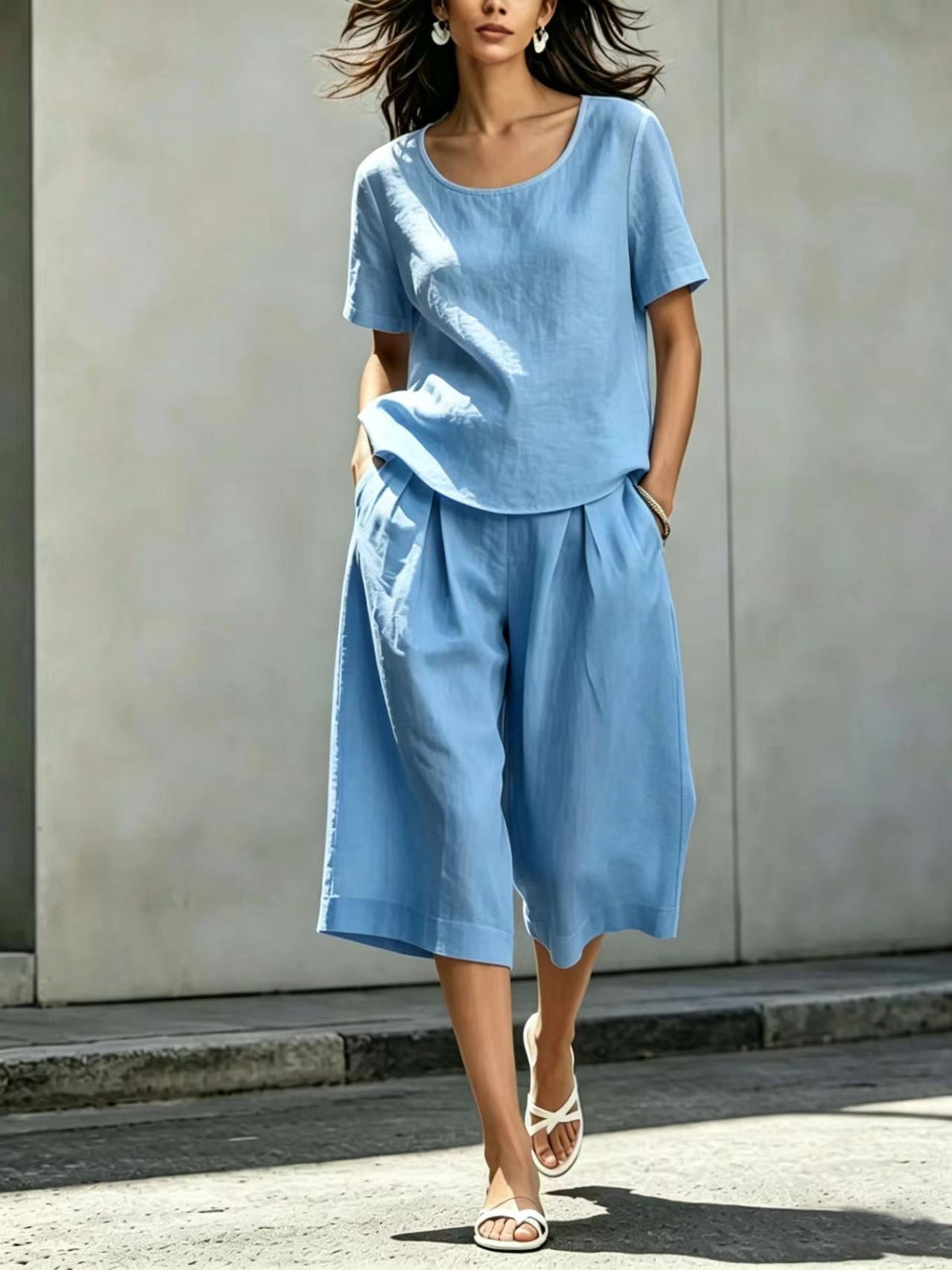 Cotton-linen Casual Loose-fitting Short-sleeve Top And Shorts Set