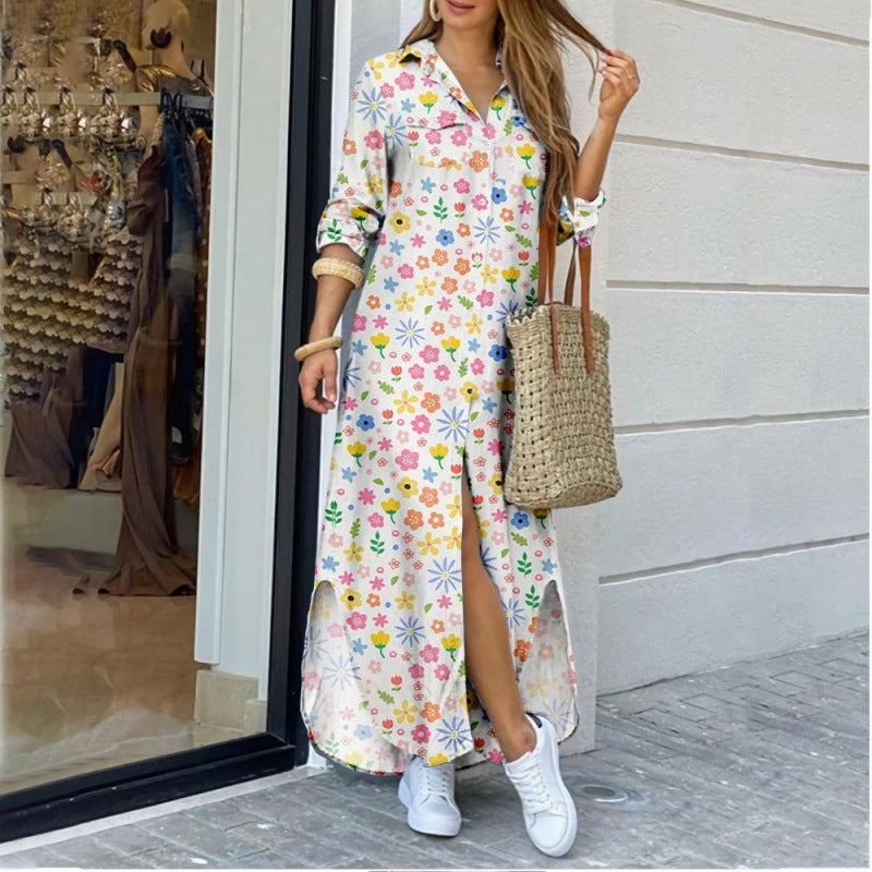 Lapel-collar Long Shirt Dress For Women