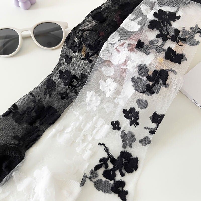 Coquette Floral Sheer Mesh Crew Socks, Black & White Flower Pattern Transparent Socks, Women's Breathable Casual Socks For Summer & Mary Janes