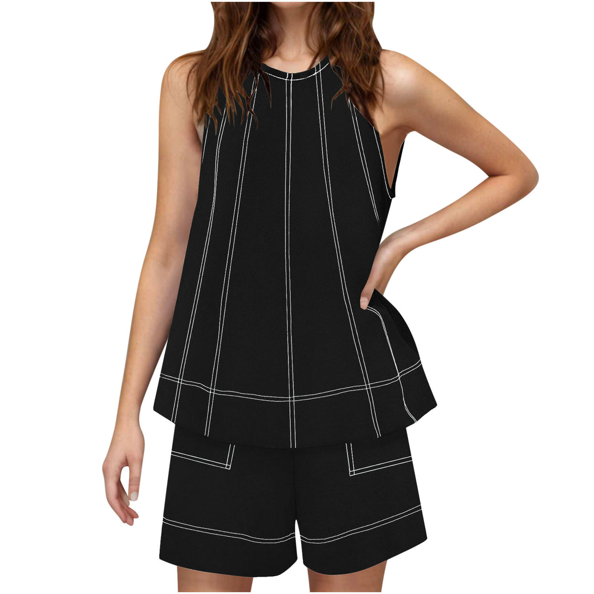 Casual Loose Pocketed Sleeveless Tank Top And Shorts Cotton-Linen Two-Piece Set