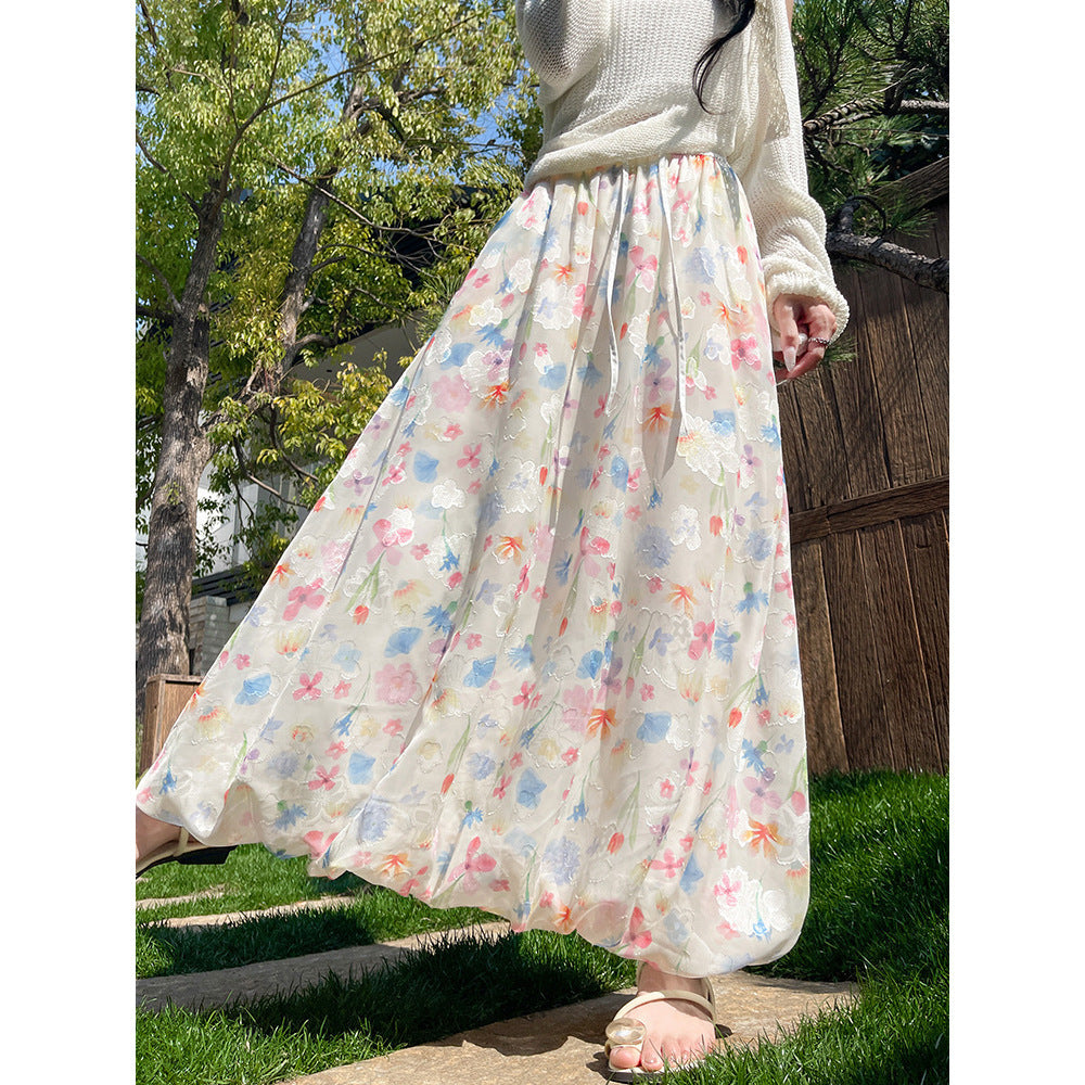 Contrast-color High-waisted Cloud-patterned Midi Puffy Skirt