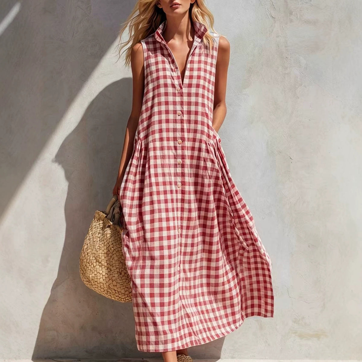 New Summer Beach Plaid Loose Long Dress