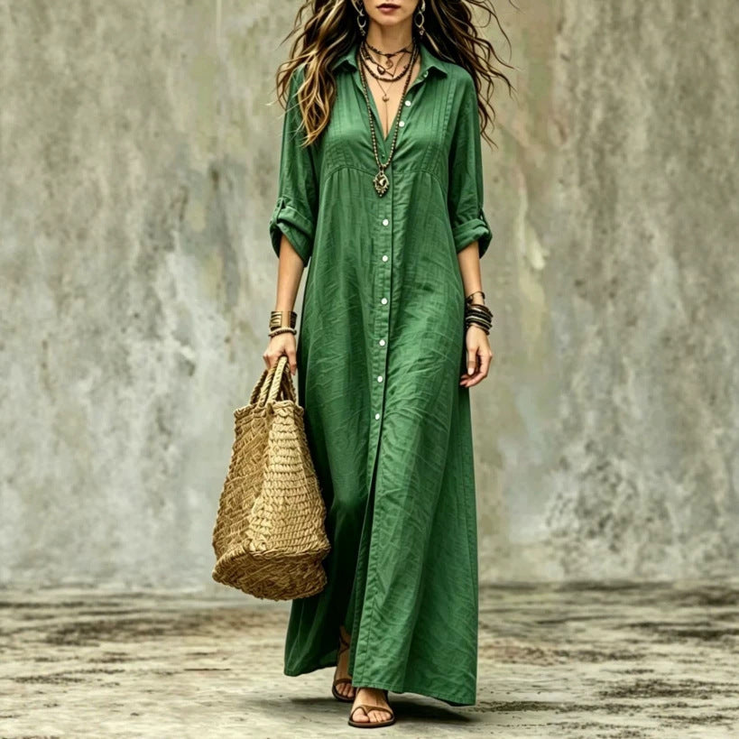 Shirt-collar Floor-length Casual Simple Long Dress