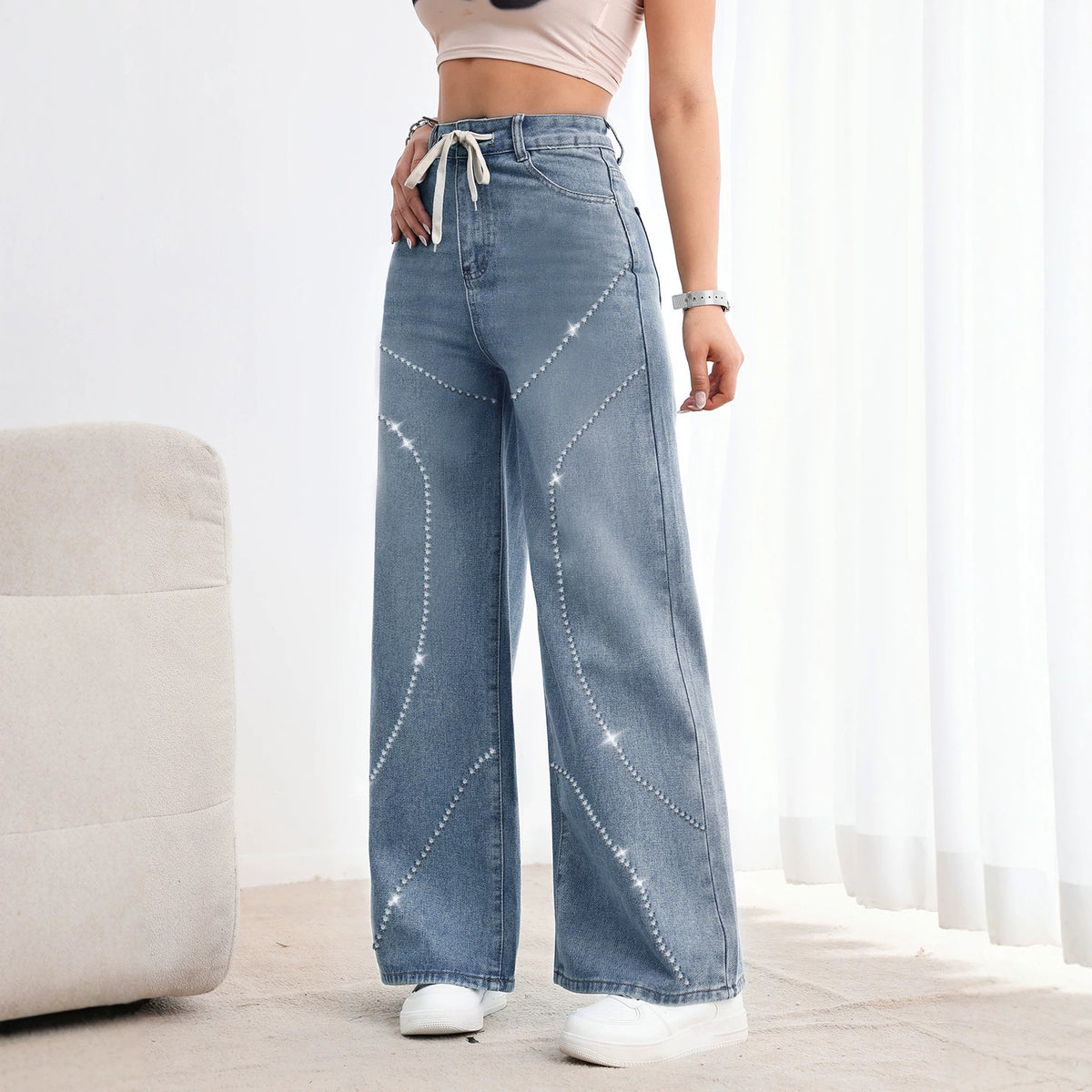 American-style Vintage Womens Washed Denim Jeans With Beadwork
