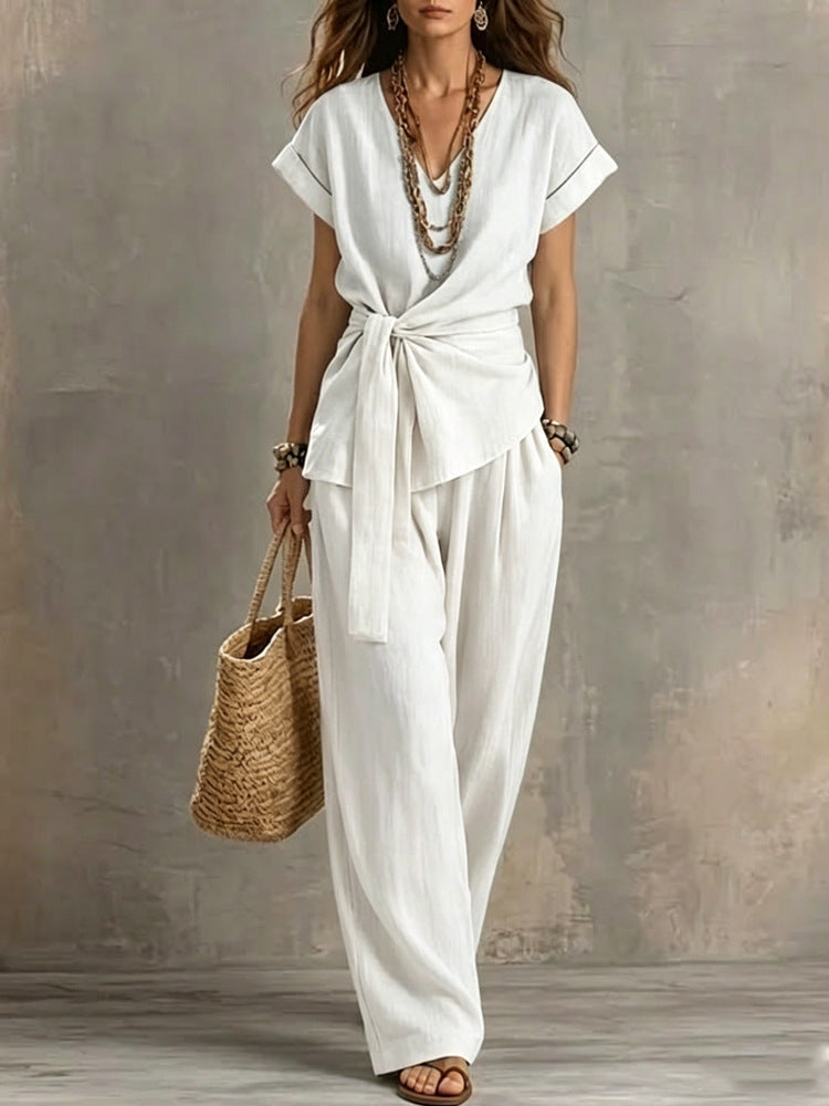 Women's V-neck Pullover Short-Sleeve Pants Set