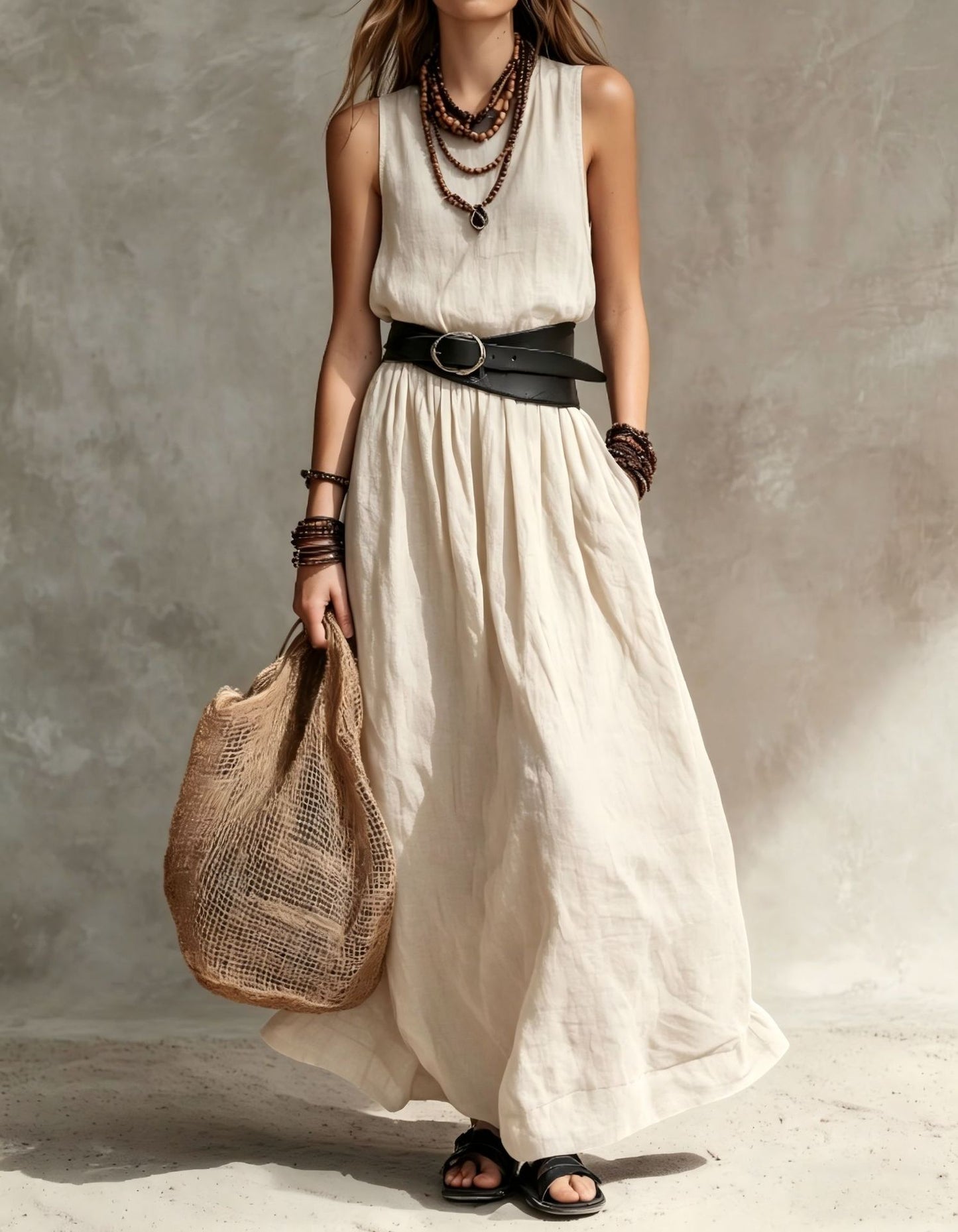 Turn-down Collar Long Sleeveless Dress