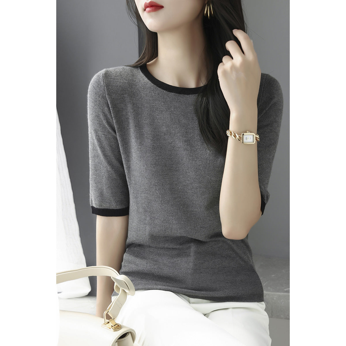 Color-blocked Three-quarter-sleeve Versatile Chic Base Top