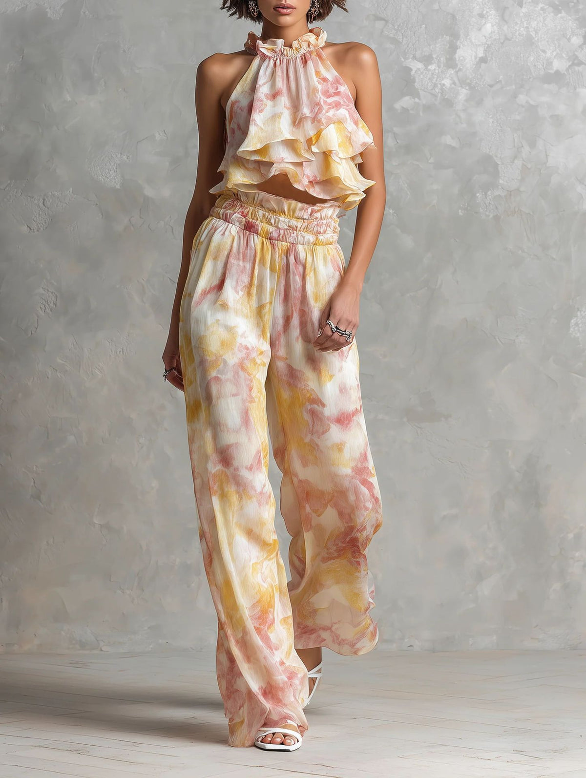 Neck-hanging Printed Top Pants Summer Set