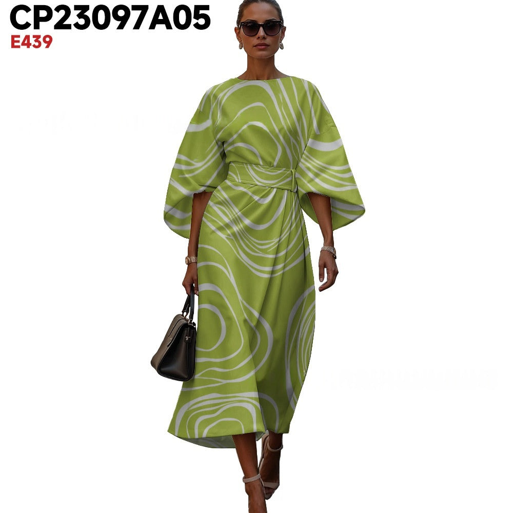 Womens Fashionable Casual Printed Crew-Neck Dress