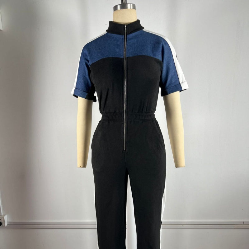 Short Sleeved Long Zipper Women's Jumpsuit