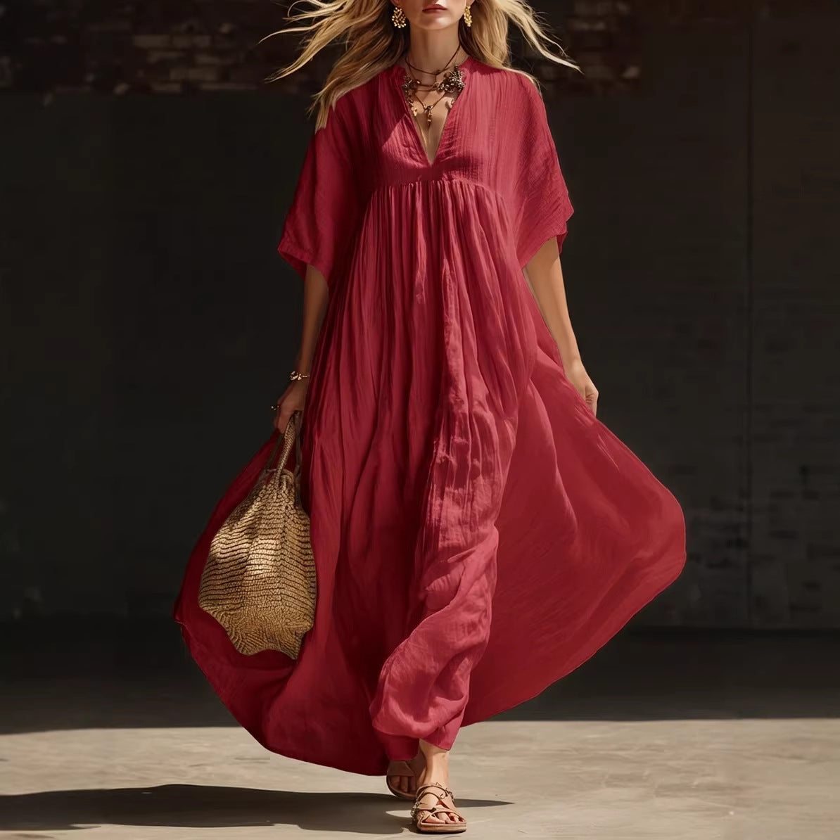 Summer Solid-Color Loose Beach Vacation Long V-Neck Dress