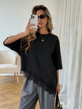 Elegant Womens Short-sleeve Dress With A Slanted Hem And Lace Paneling