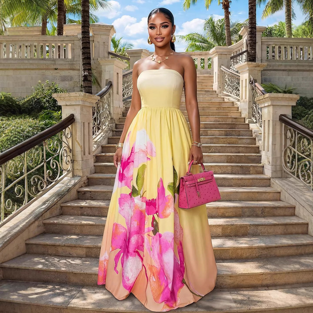 Fashionable Strapless Off-Shoulder Slim-Fit Printed Evening Gown Pleated Dress