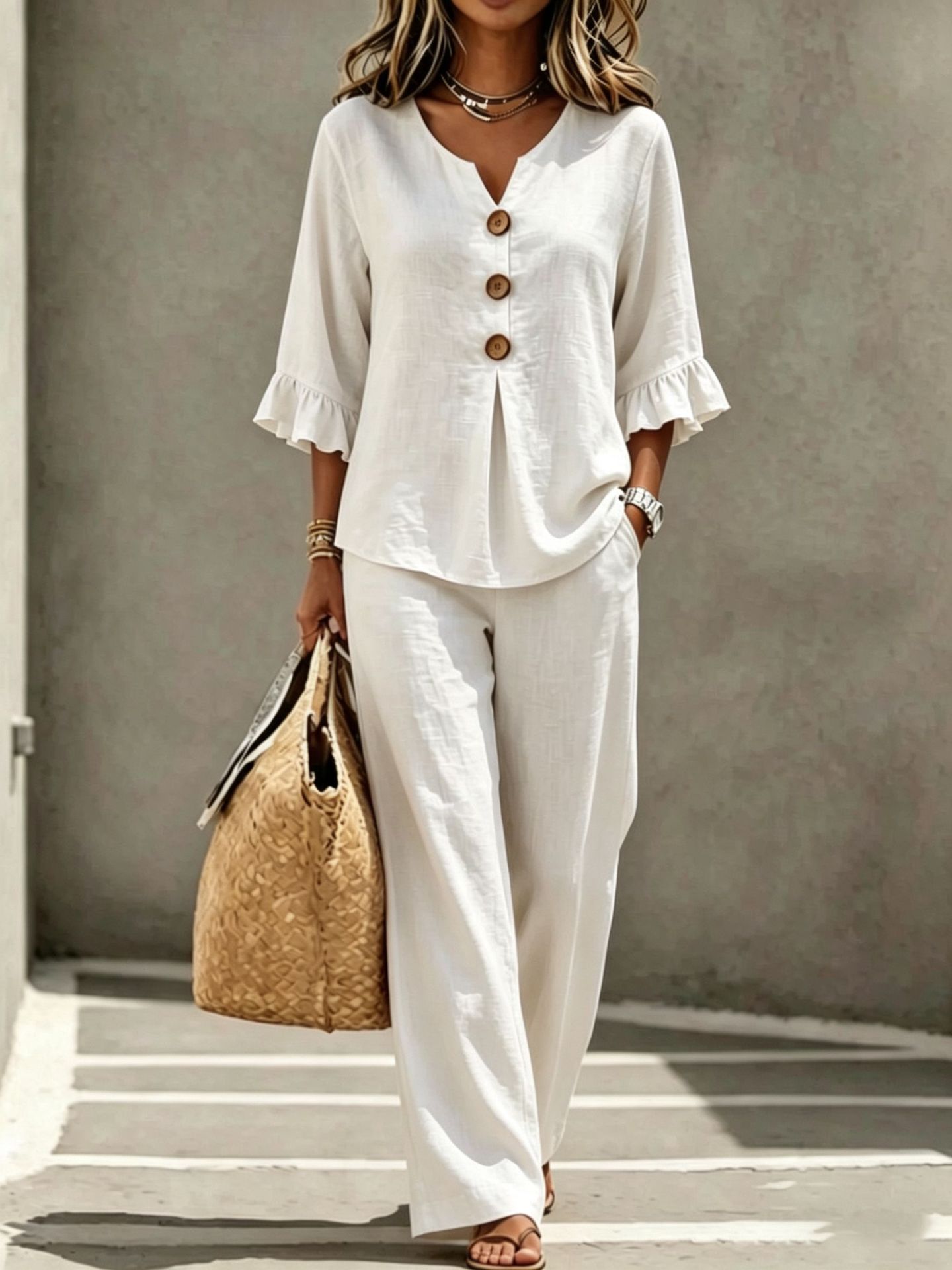 Womens V-neck Ruffle Three-Quarter Sleeve Top And Pants Two-Piece Set