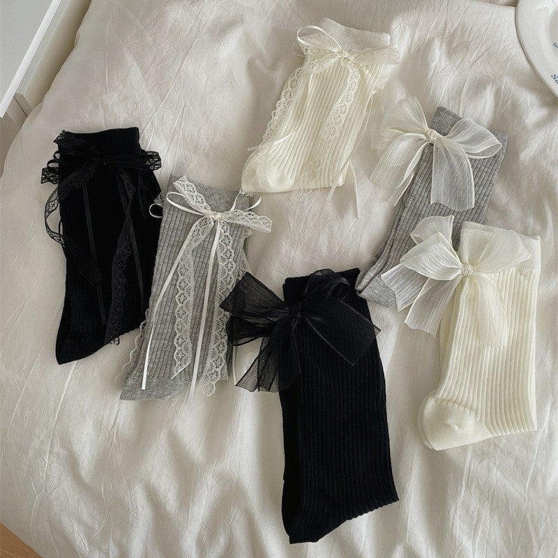 Coquette Lace & Bow Ribbed Crew Socks, Sheer Organza & Lace Trim Mid-Calf Socks, Women's Sweet Balletcore Socks In Black, White & Grey
