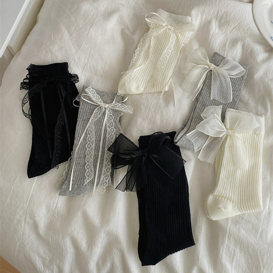 Coquette Lace & Bow Ribbed Crew Socks, Sheer Organza & Lace Trim Mid-Calf Socks, Women's Sweet Balletcore Socks In Black, White & Grey