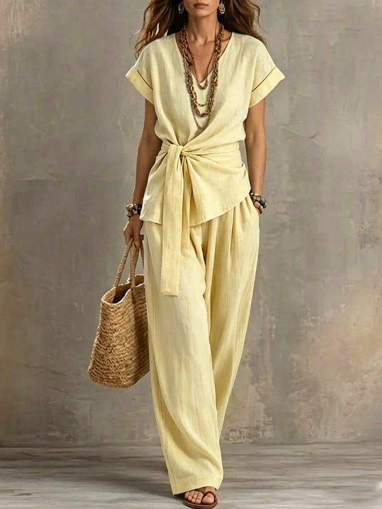 Women's V-neck Pullover Short-Sleeve Pants Set