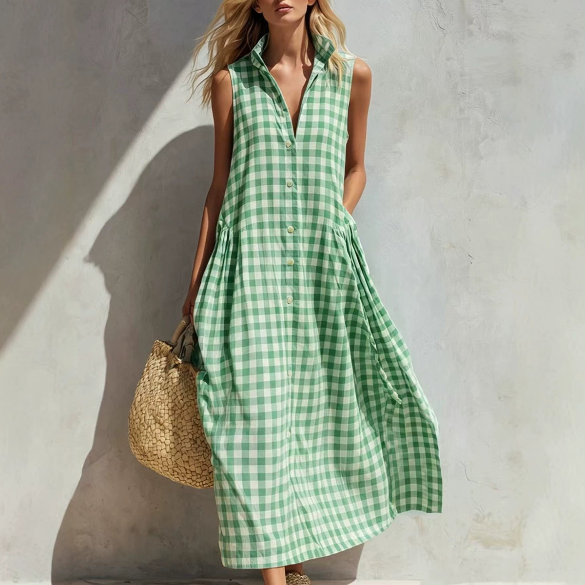 New Summer Beach Plaid Loose Long Dress