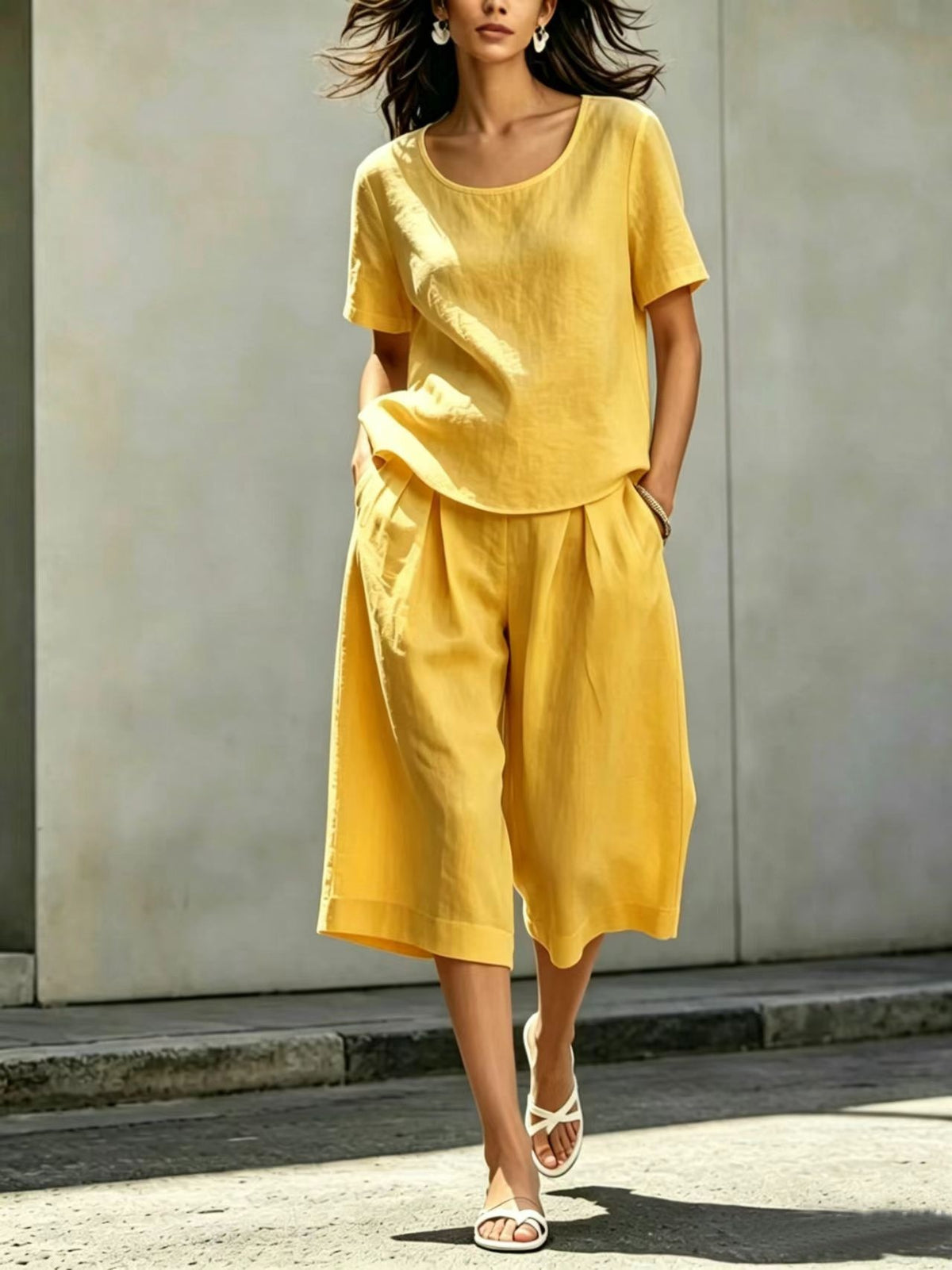 Cotton-linen Casual Loose-fitting Short-sleeve Top And Shorts Set