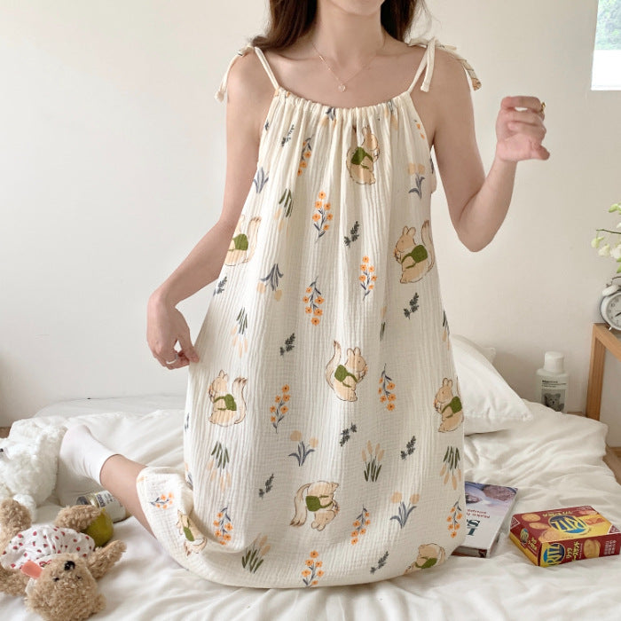 Sweet Cotton Yarn Style Mid-length Plus-size Slip NightdressLoungewear