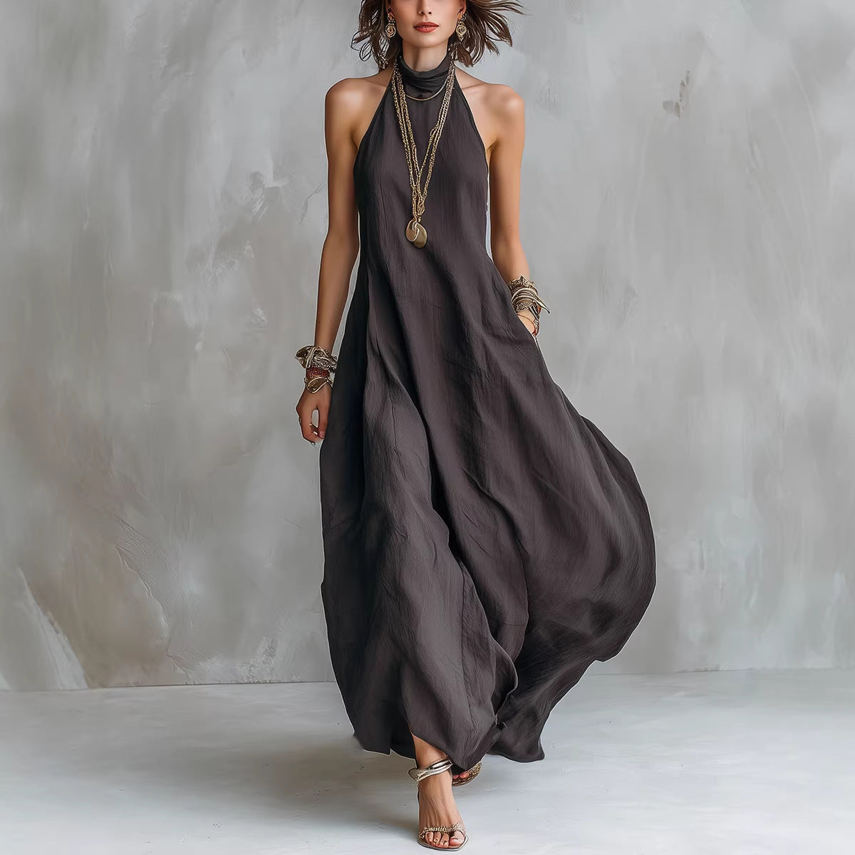 Off-shoulder Loose-fitting Maxi Womens Halterneck Dress
