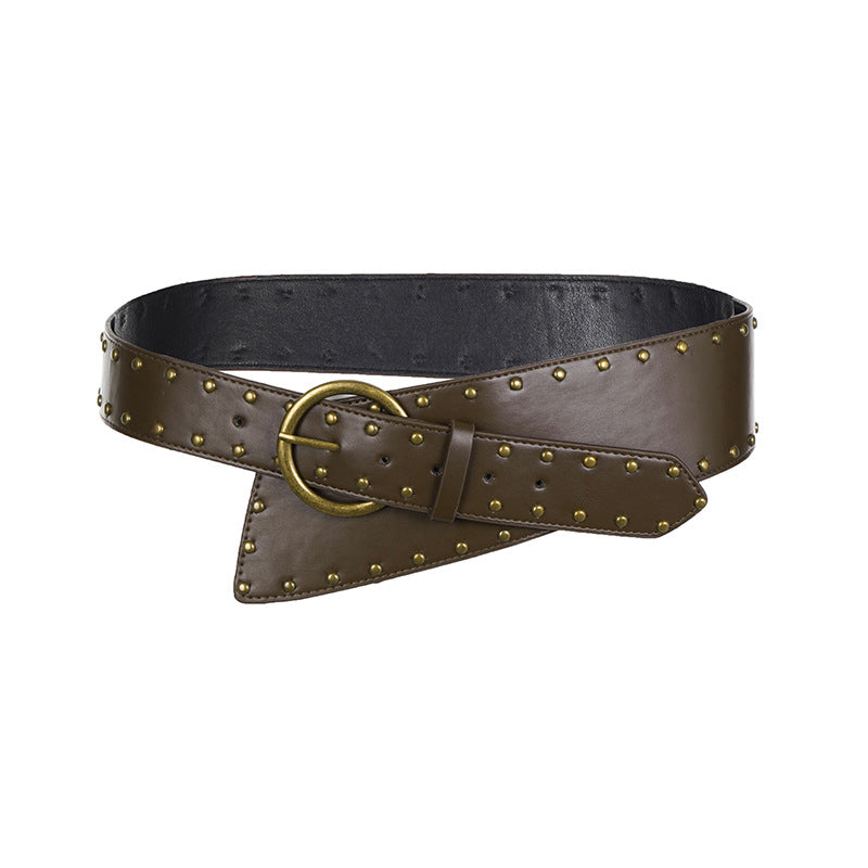 Retro Punk Belt with brown rivets and metal ring buckle