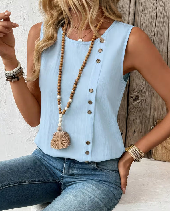 Elegant Casual And Fashionable Loose-fit Cotton-linen Tank Top With A Round Neck