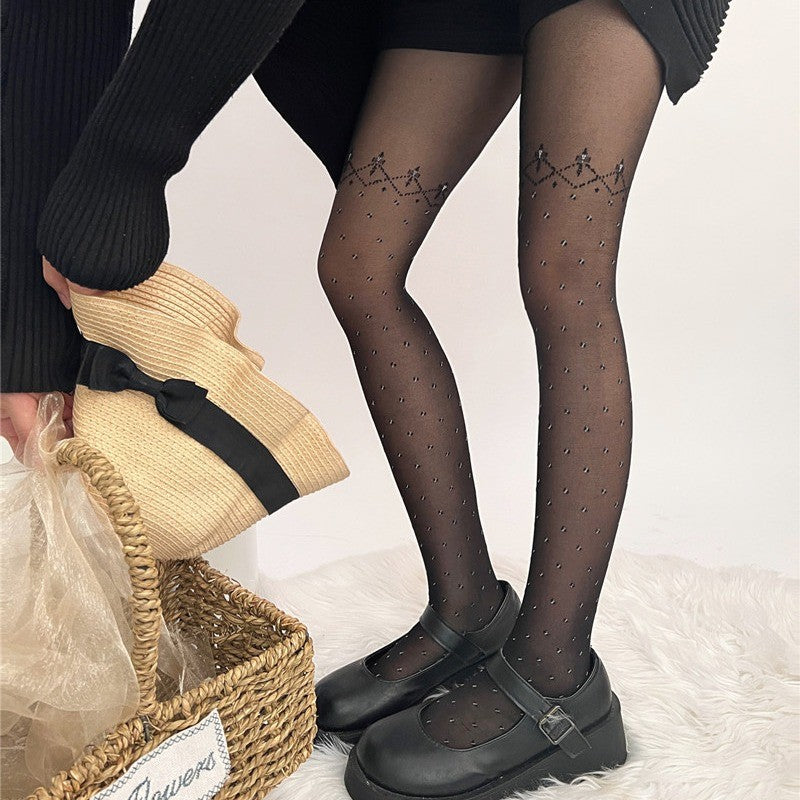 Retro Patchwork Thigh Jacquard Dot Black Silk Thin Transparent Pantyhose