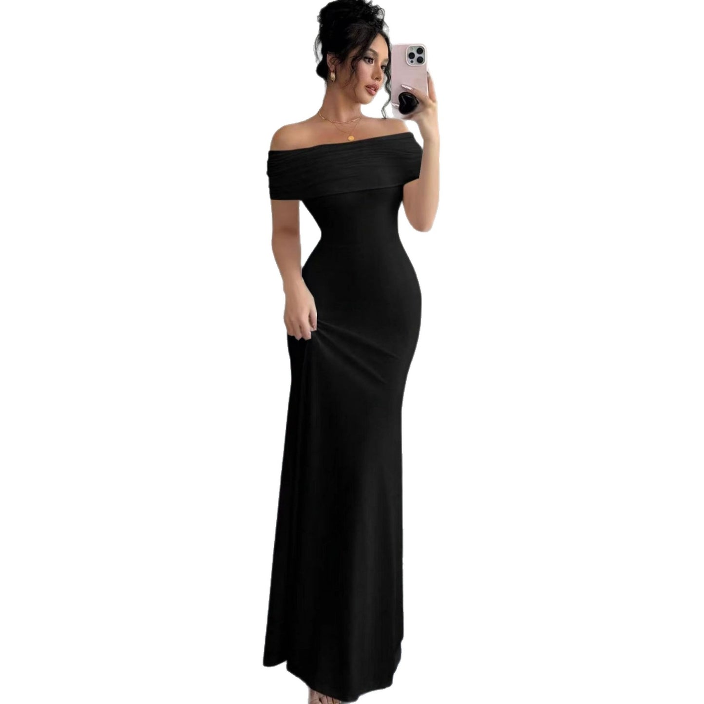 Womens Solid-Colored Sleeveless Off-Shoulder Fashionable Sheath Dress