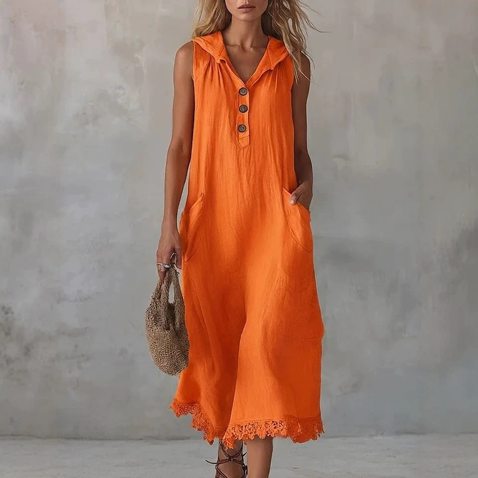Casual Patchwork Lace-trimmed Linen And Cotton Hooded Dress