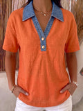 Casual Denim-Trimmed Contrast Linen Cotton Shirt Womens Apparel