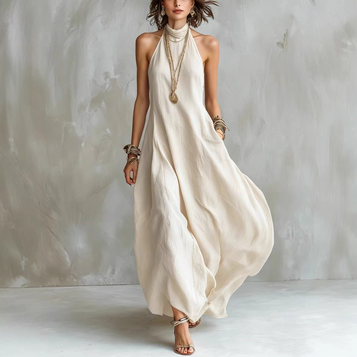 Off-shoulder Loose-fitting Maxi Womens Halterneck Dress
