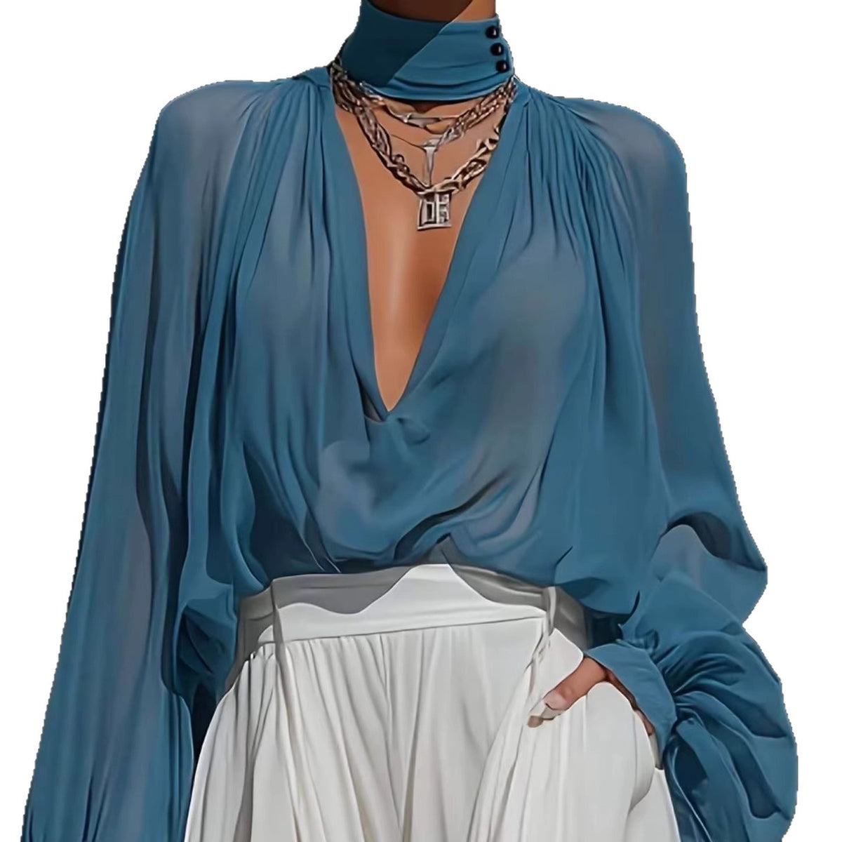 Loose-fit Plus-size Long-sleeve Shirt With A Deep V-neck And Puff Sleeves