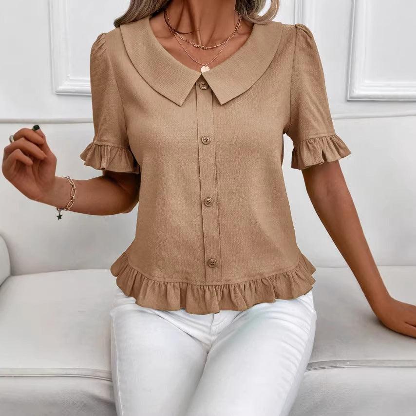 Women's Front-Button Petal-Sleeve Short-Sleeve Summer Fashion
