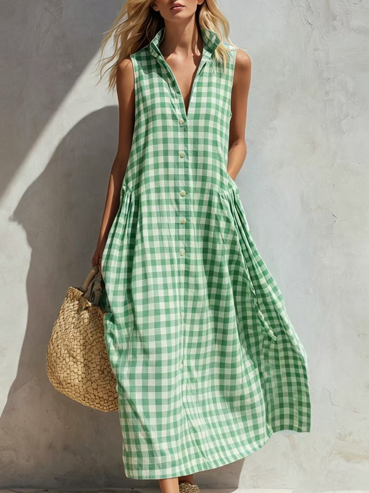 New Summer Beach Plaid Loose Long Dress