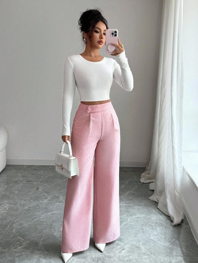 Womens Solid-color Casual All-match Long Pants With A Waist Panel Seam