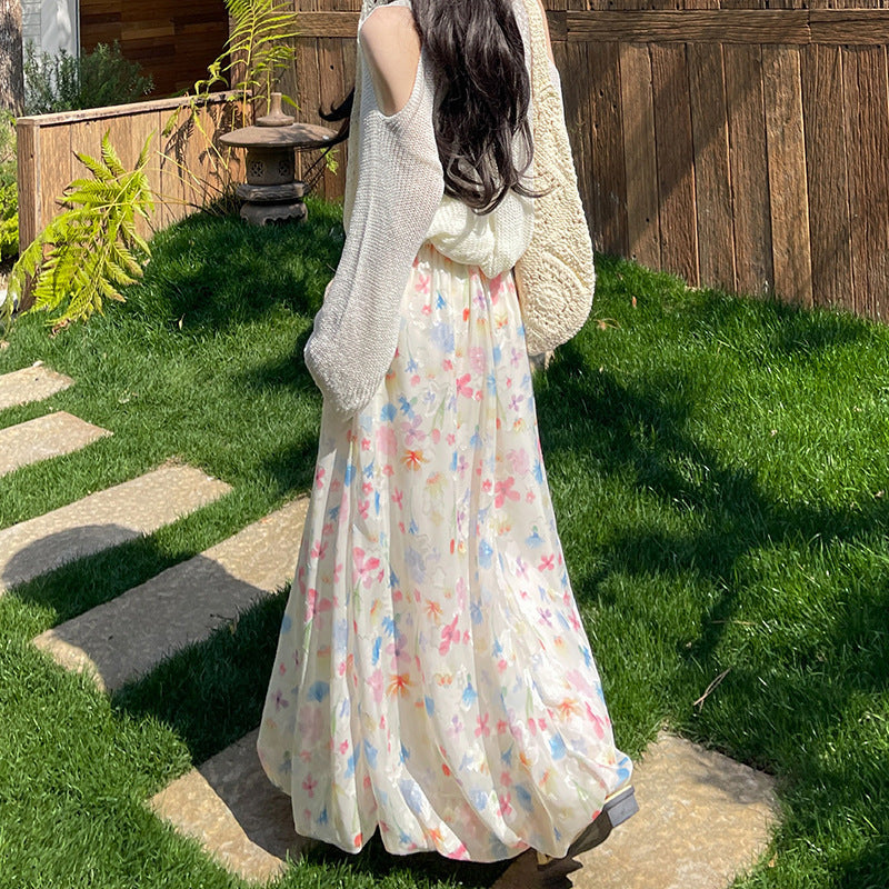 Contrast-color High-waisted Cloud-patterned Midi Puffy Skirt